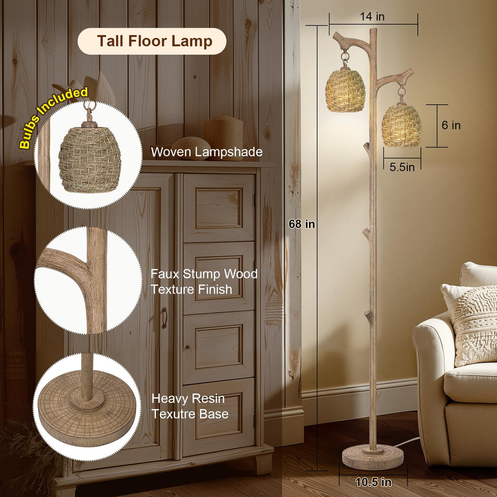 Vintage 68" Tall Resin Floor Lamp with Straw Rope Woven Shade