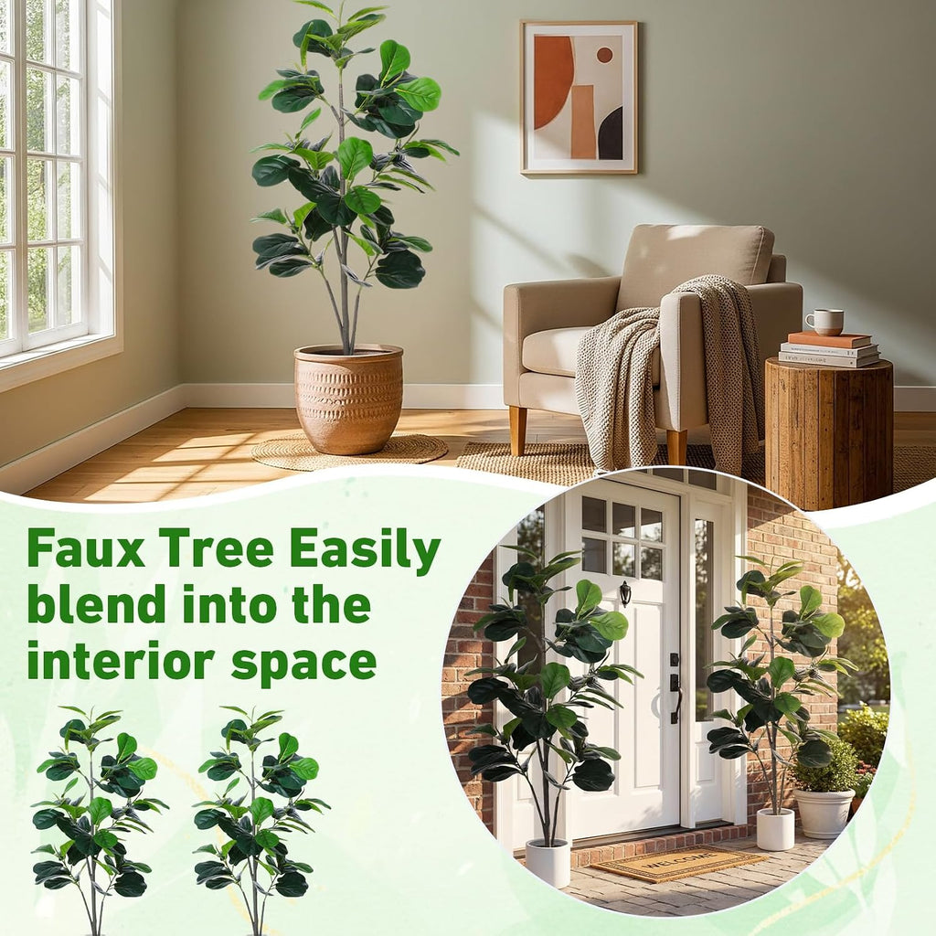 Artificial Fiddle Leaf Fig Tree 5ft Tall Artificial Plants Indoor Fake Ficus Lyrata with White Planter Faux - Set of 2