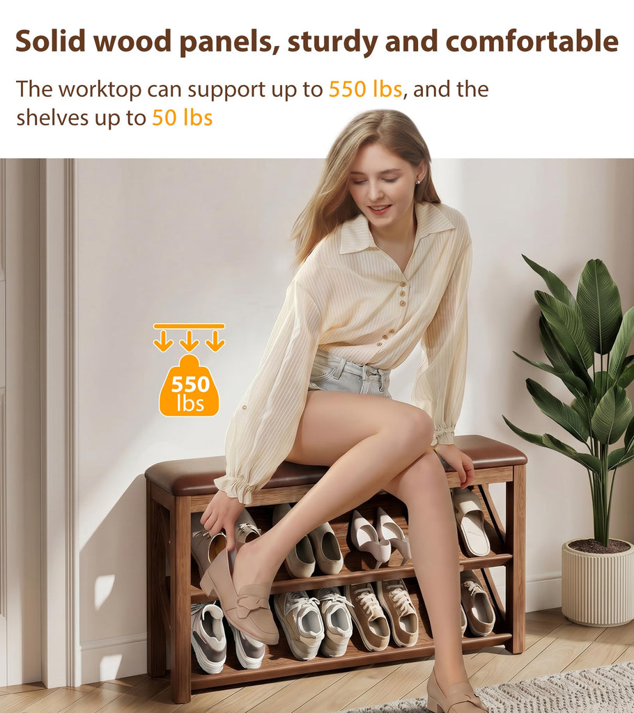 Rubberwood Shoe Bench with Leather Cushion and Slanted Shelves