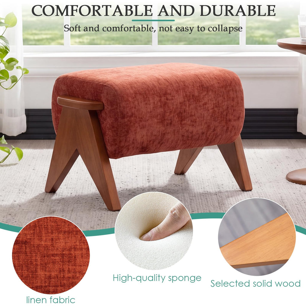 Linen Padded footstools Mid Century Modern Ottoman with Wood Frame, Lounge Upholstered Ottoman, Reading Chair, Sturdy