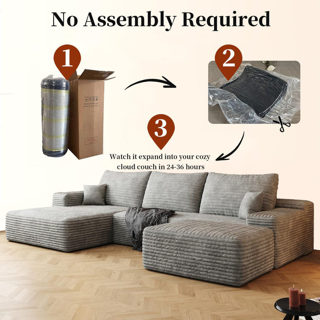 107" U Shaped Boneless Sofa with Left Chaise & Ottoman, Grey