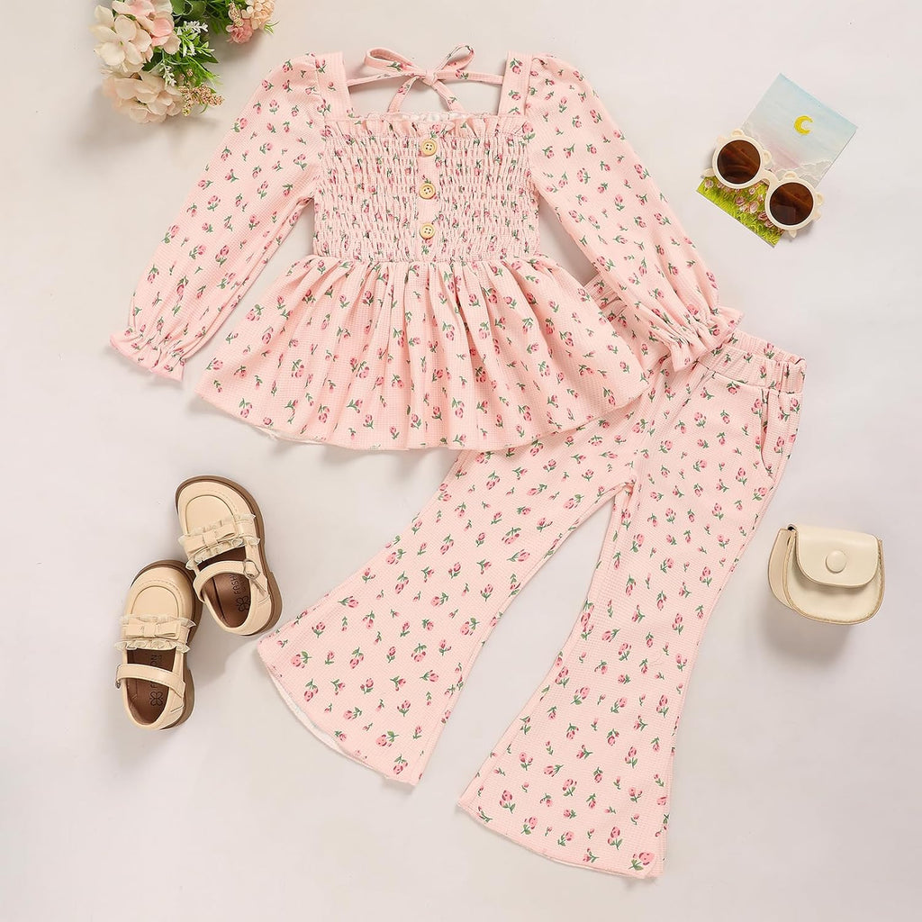 Toddler Girl Outfits Smocked Peplum Top with Kick Flare Pants