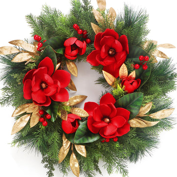 24" Magnolia Christmas Wreaths for Front Door, Artificial Magnolia Christmas Flower with Gold Leaves for Outdoor