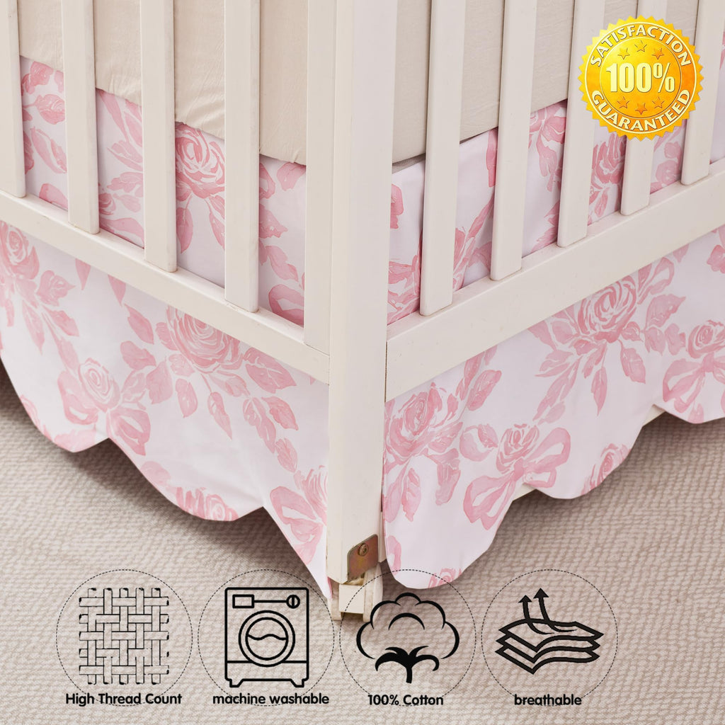 Scallop Edge Organic Cotton Crib Skirt, Baby Girl Crib Skirt Toddler Bedskirt Farmhouse Chic Cottagecore Nursery Bed