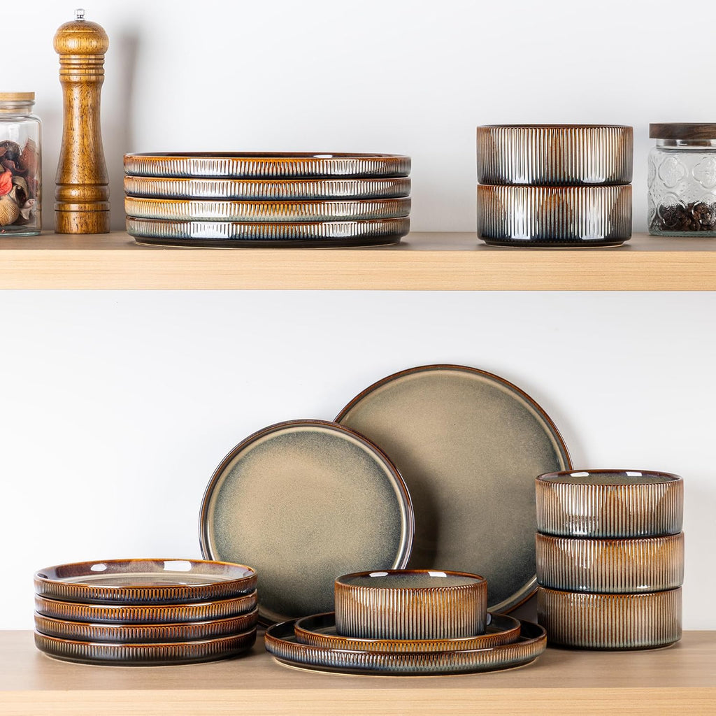 Ceramic Dinnerware Sets for 4, 12 Pieces Porcelain Lightweight Speckled Plates and Bowls Sets