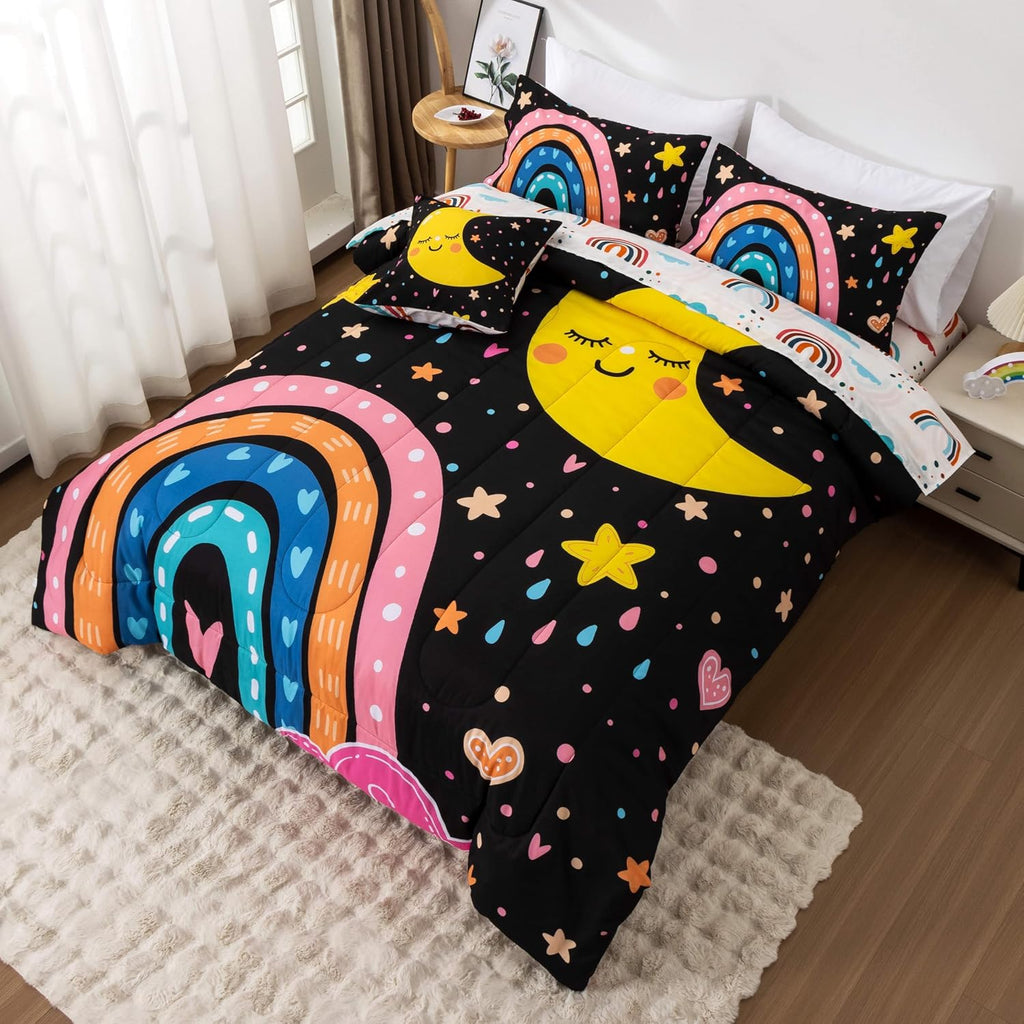 5 Piece Black Rainbow Comforter Set for Girls Boys Kids, Cartoon Cute Moon Stars Bedding Set, Bed in a Bag with Comforter, Sheets and Pillowcases,Twin