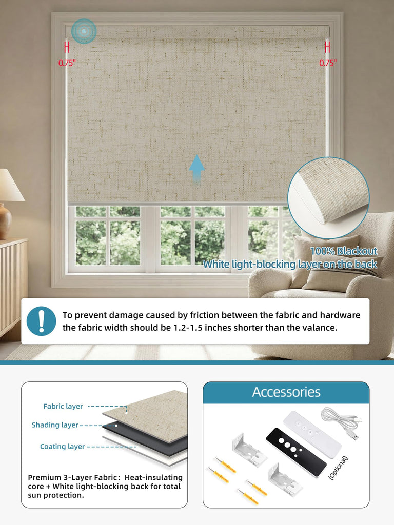 Motorized Smart Roller Shades, 100% Blackout Linen Stone