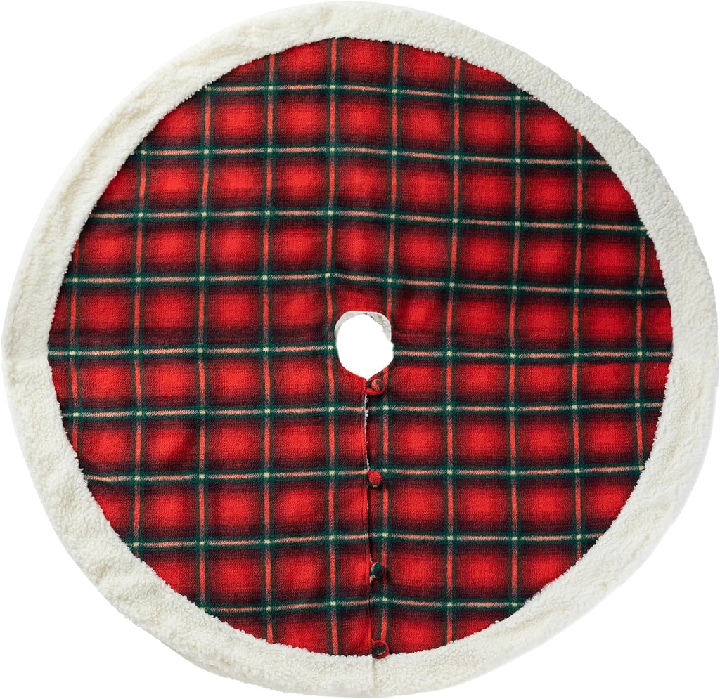 60 Inch Reversible Faux Fur Christmas Tree Skirt, Red Black Plaid Sherpa & Flannel Double-Sided for Christmas Party