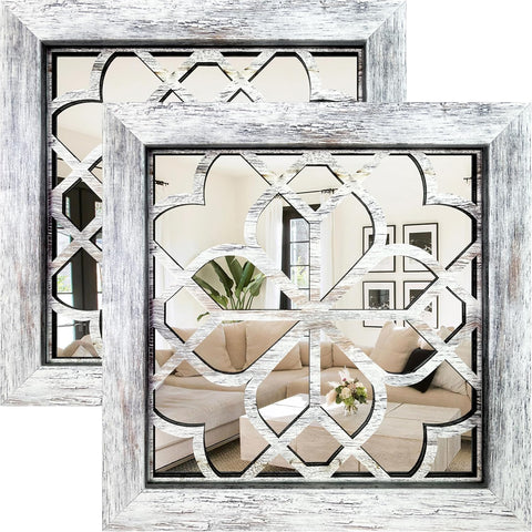Boho Wall Mirror Decor, Set of 2 Rustic Farmhouse Accent Mirror 12x12 Inch, Square Shatterproof Vintage Style Mirrors