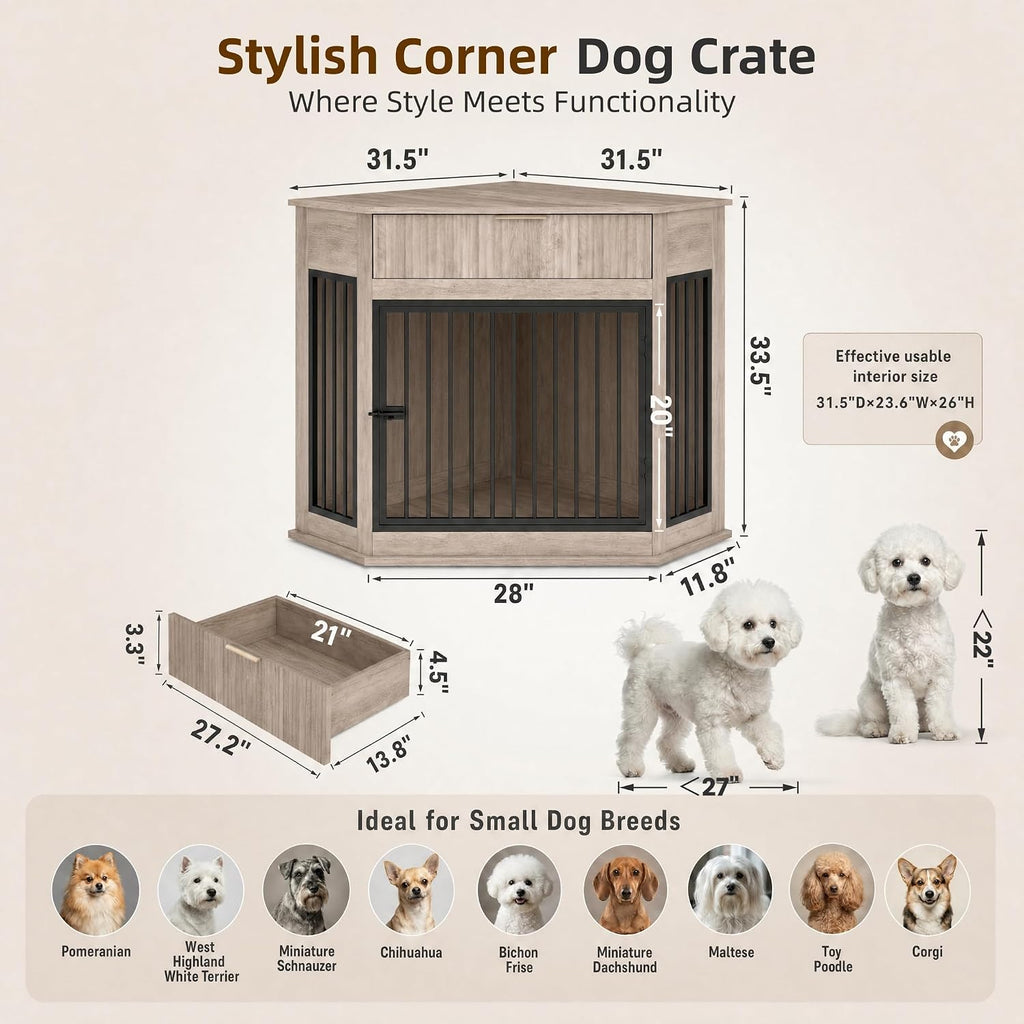 Corner Dog Crate Furniture with Fluted Drawer