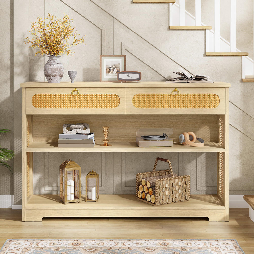 Rattan Console Table with 2 Drawers, 3-Tier Boho Woven Entryway Table with Back Panel and Open Storage Shelf, 40"