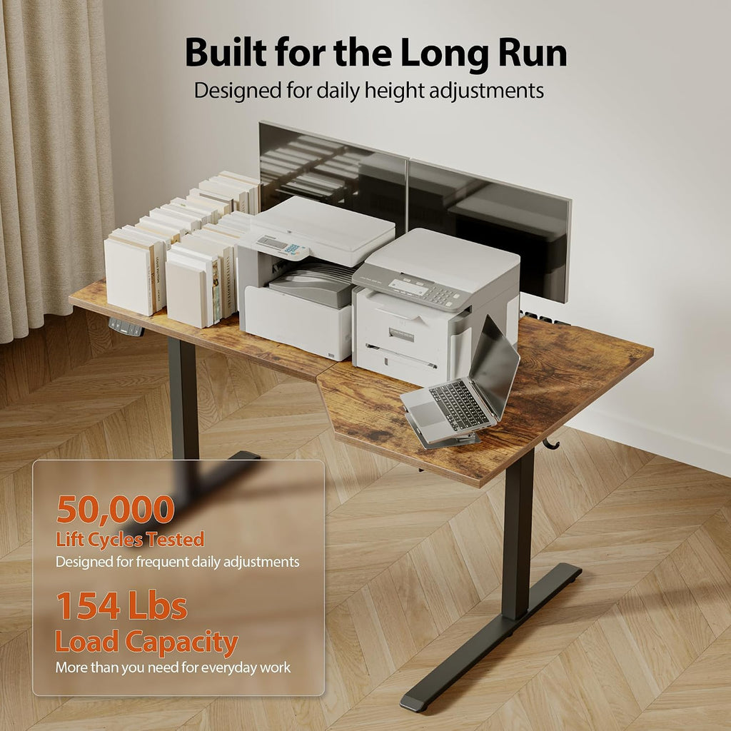 59 x 35 Inch Corner L Shaped Electric Standing Desk, Rustic Brown | Electric Height Adjustable, L-shape Workspace