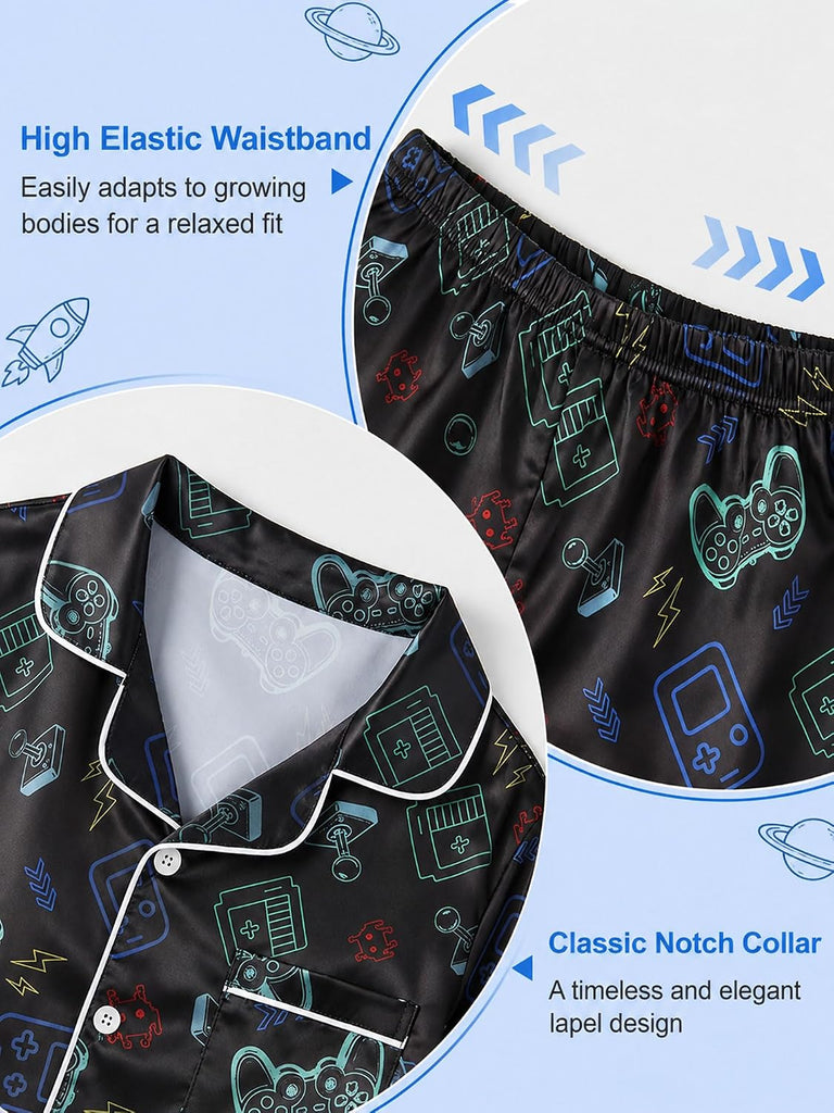 Boys Satin Pajamas Set, Silky Summer Pjs for Kids, 2 Pieces