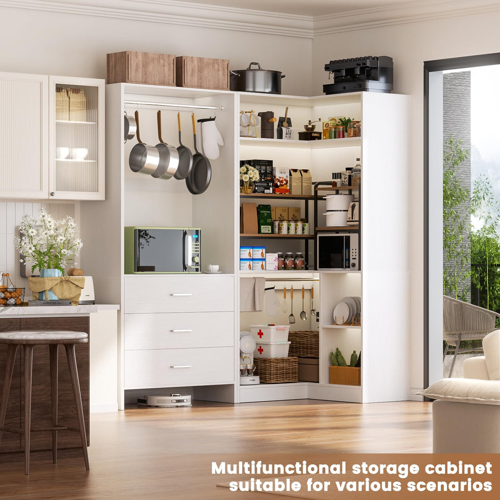 Closet System with 3 Drawers, 2 Hanging Rods & Corner Tower, Corner Closet System with Hanging, L-Shaped Walk-In