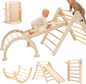 Extra‐Large Montessori Wooden Climbing Triangle Set-Foldable Toddler Gym Triangle, Climbing Ramp & Arch, Indoor