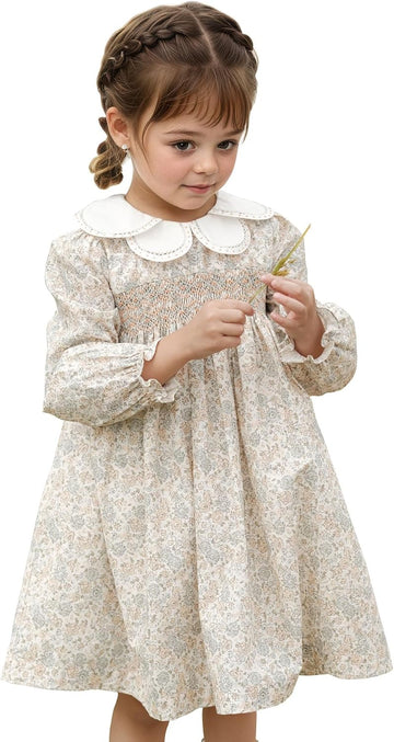 Toddler Baby Girl Smocked Dresses with Flower Collar|Floral Print Long Sleeve Ruffle Dress with Belt