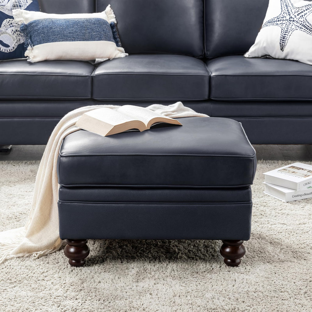 Genuine Leather Ottoman Coffee Table, Ottoman Foot Rest, Navy