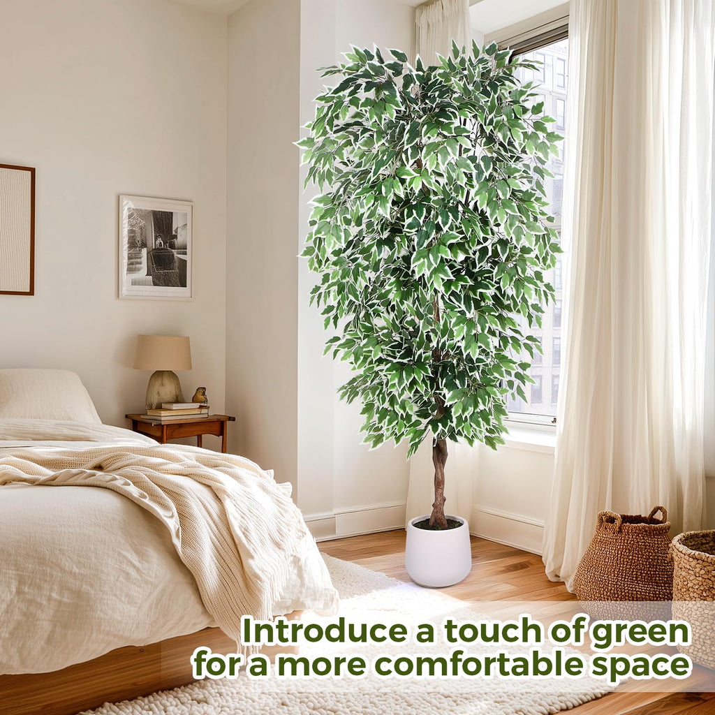 Artificial Ficus Tree-7FT Faux Tree with Natural Curved Trunks and White Pot, Lush Fake Silk Tree Artificial Plants
