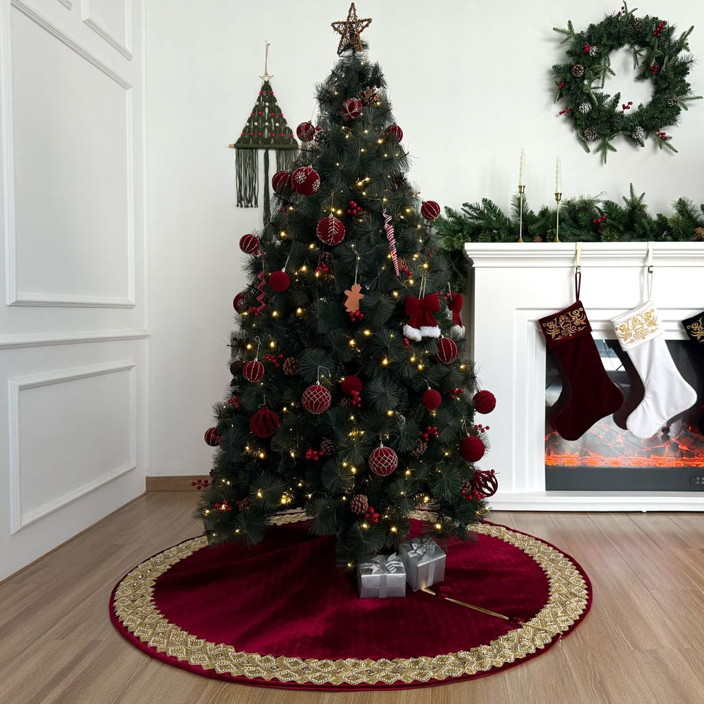 60-Inch Venetian Gilded Velvet Christmas Tree Skirt with Gold Embellished Border, Foam-Padded, Button Closure