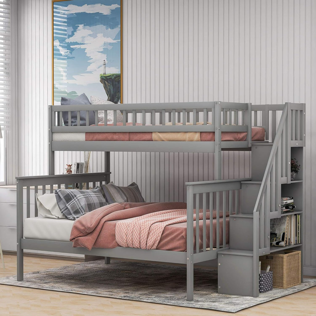 Twin Over Full Bunk Bed with Stairs, Wood Bed Frame with Storage Space and Guard Rail for Bedroom, Dorm, for Teens