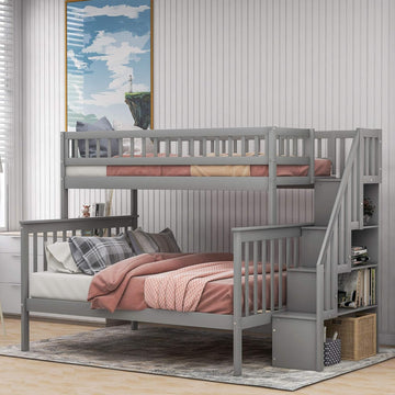 Twin Over Full Bunk Bed with Stairs, Wood Bed Frame with Storage Space and Guard Rail for Bedroom, Dorm, for Teens
