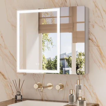 30 x 26 LED Lighted Medicine Cabinet with Mirror with Adjustable Shelves, Silver Aluminum Cabinet, Anti-Fog Stepless