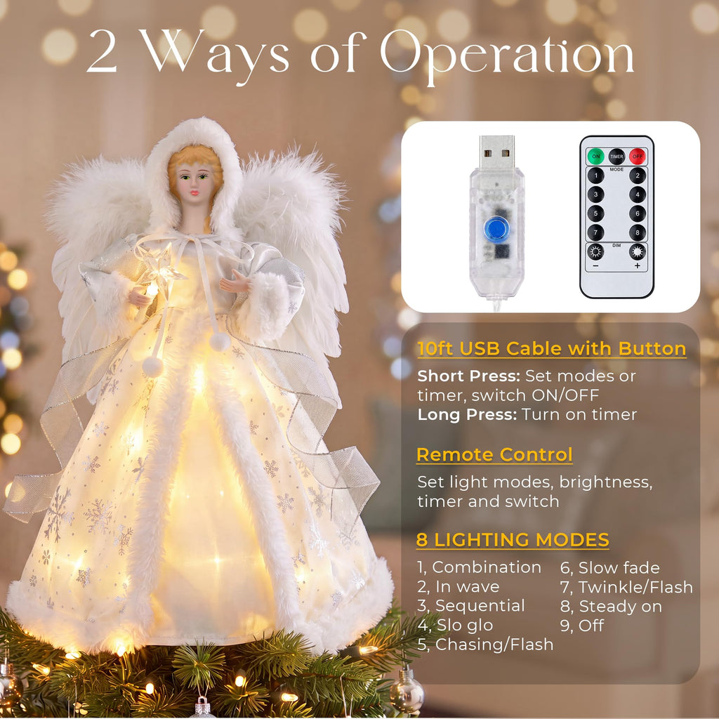 Lighted Christmas Tree Topper Angel, 12 Inch Silver & White Angel Tree Topper w/Feather Wings, 8 Lighting Modes for