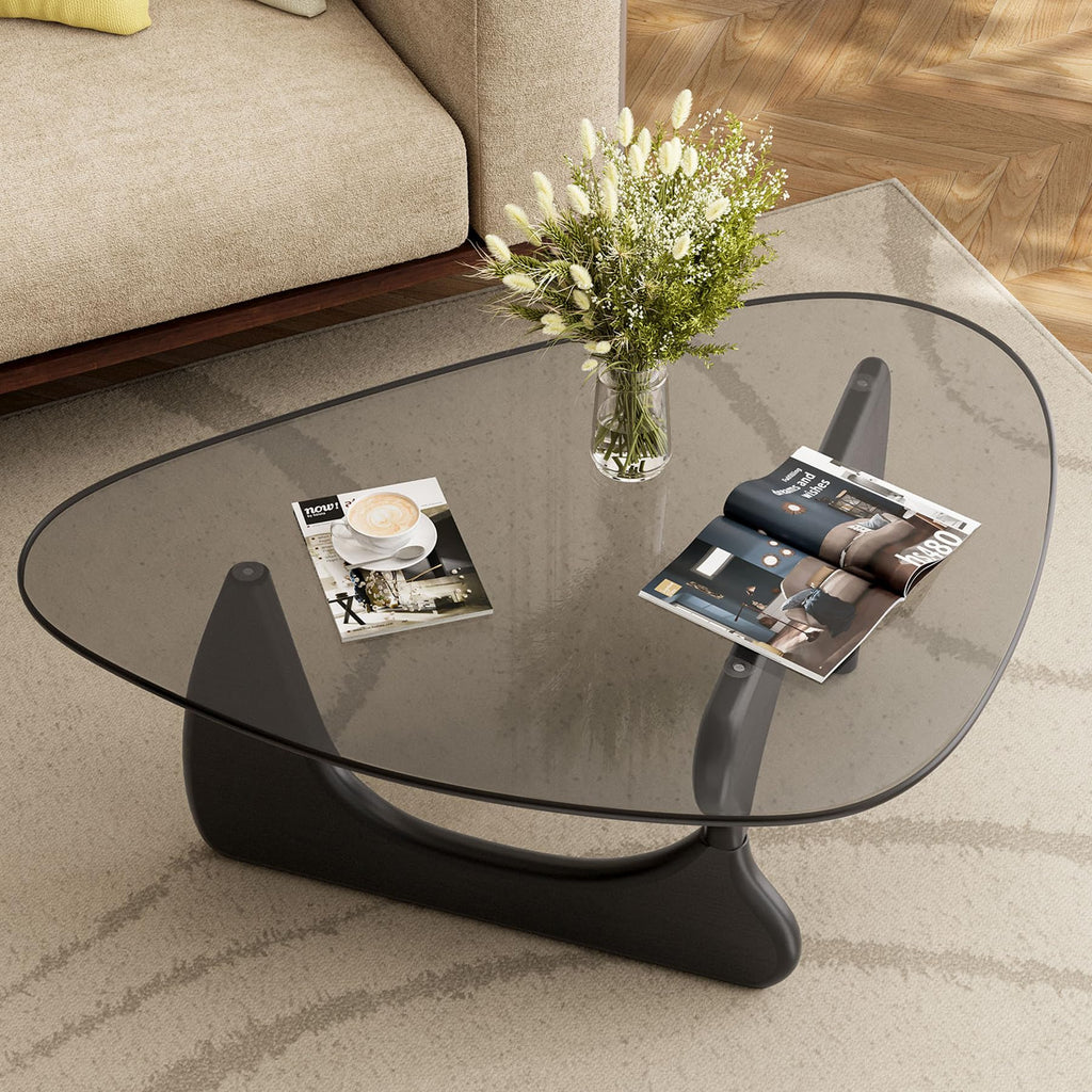 Inspired Noguchi Style Modern Glass Coffee Table, 43''W Large Mid Century Triangle Coffee Table Bedroom Reception Office Tables