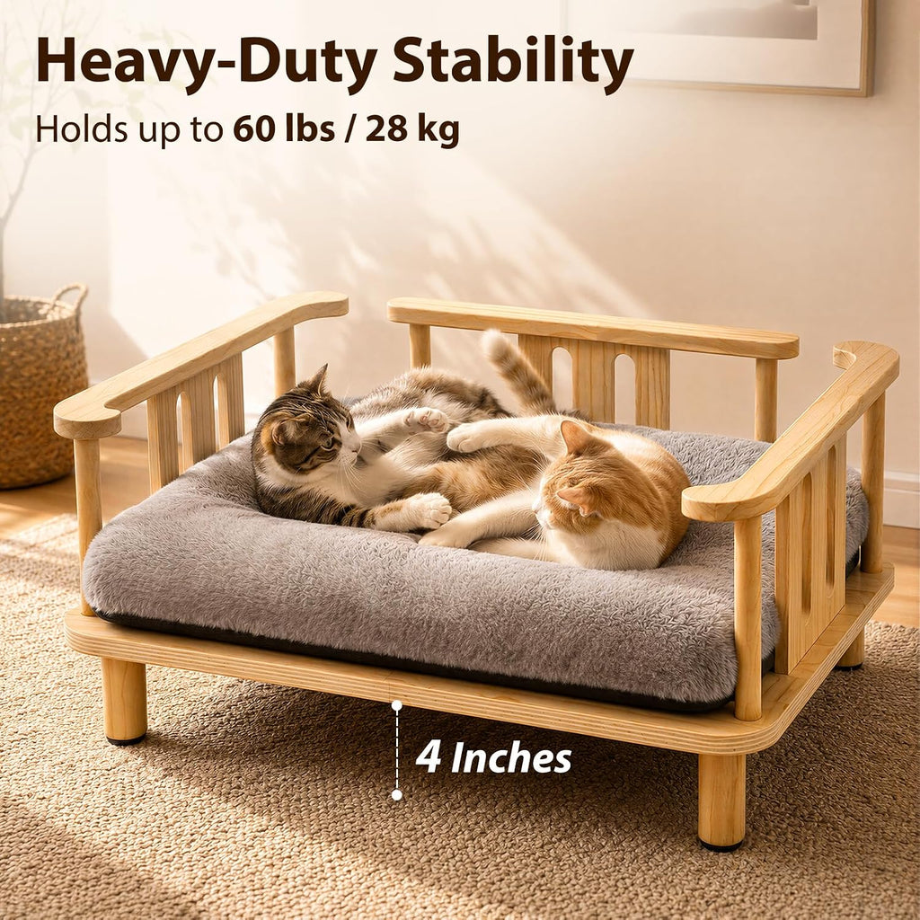 Elevated Cat Couch & Dog Sofa, Solid Wood Raised Pet Bed with Machine Washable Plush Mattress, Indoor Cat Furniture