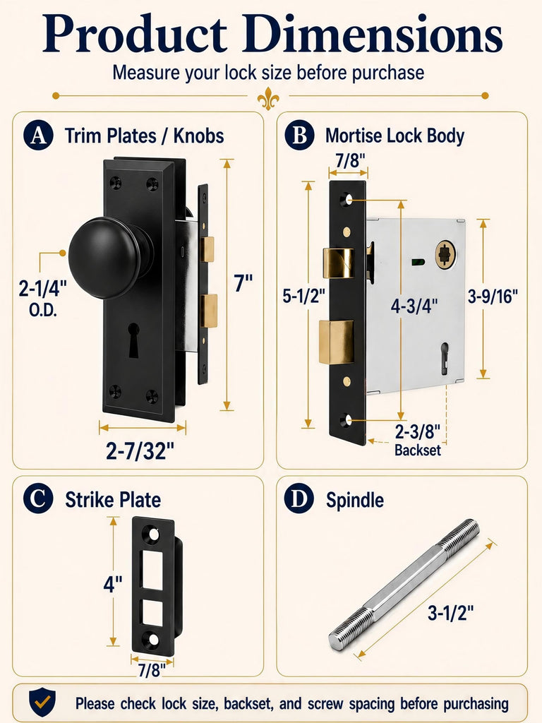 Matte Black Vintage Mortise Lock Set with Round Door Knobs