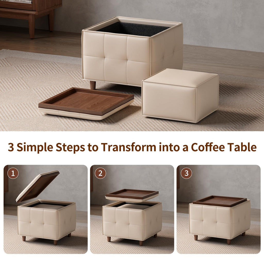 Square Ottoman with Storage Set of 2, Leather Coffee Table Ottoman, Multifunctional Foot Rest Stool with Storage