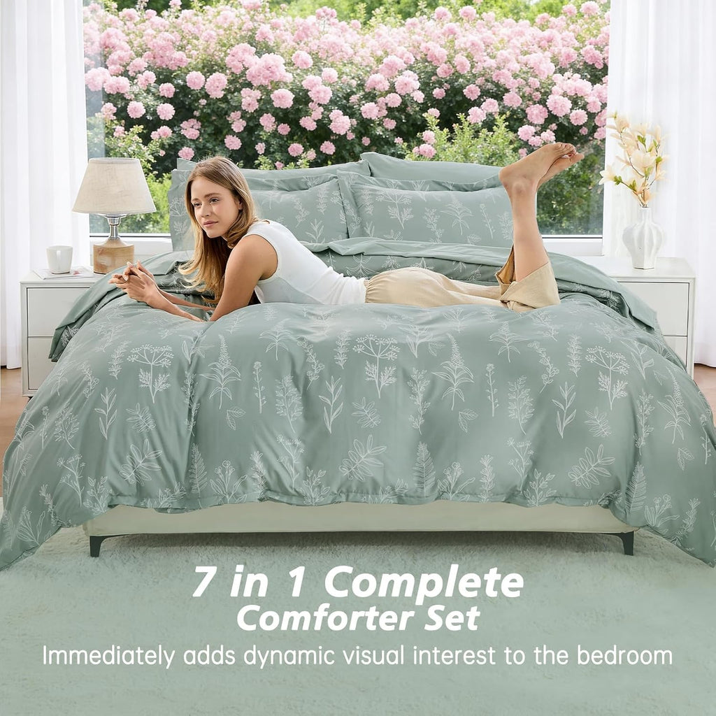 Queen Comforter Set 7 Pieces, Sage Green Bed in a Bag Queen Reversible Botanical Flowers Design