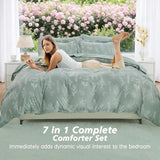 Queen Comforter Set 7 Pieces, Sage Green Bed in a Bag Queen Reversible Botanical Flowers Design