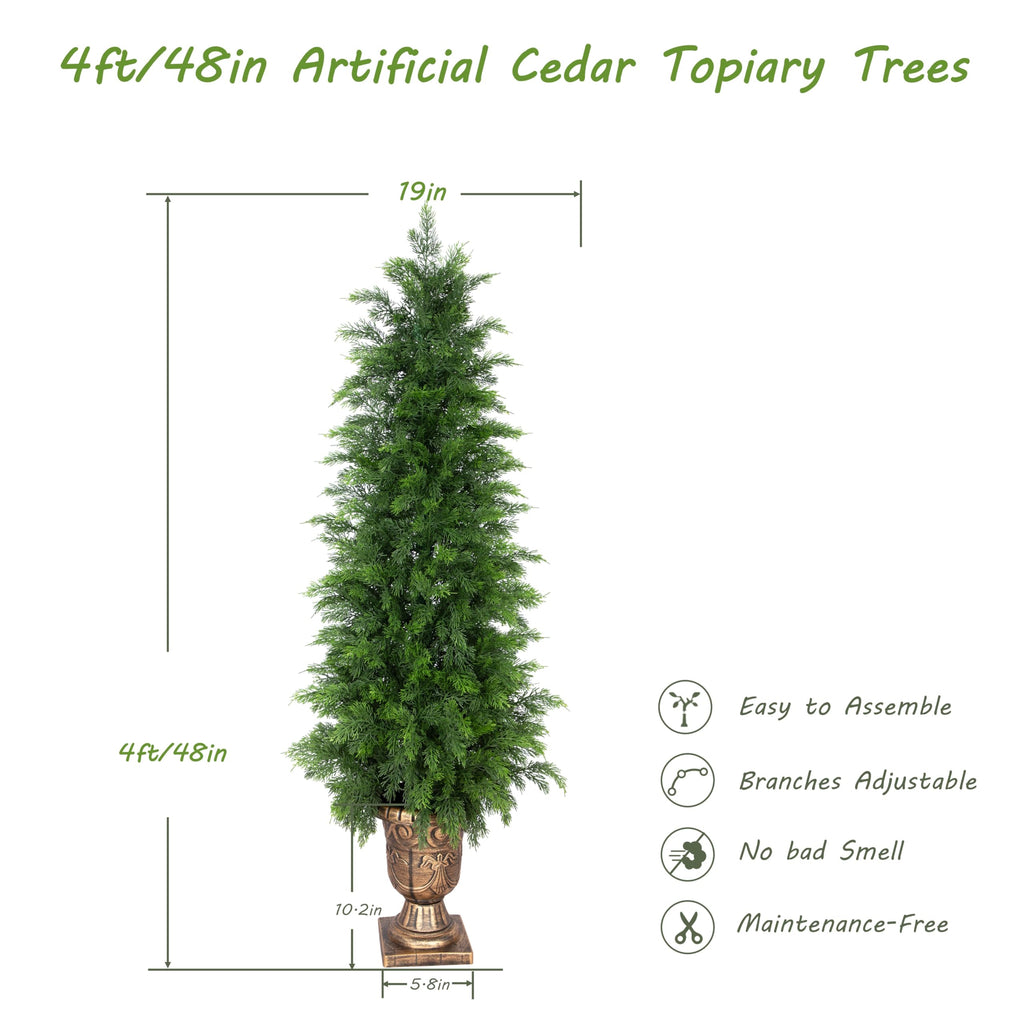 4FT UV Resistant Topiary Trees Artificial with Golden Urn Planter, 2 Set Artificial Cedar Trees for Outdoor, Faux