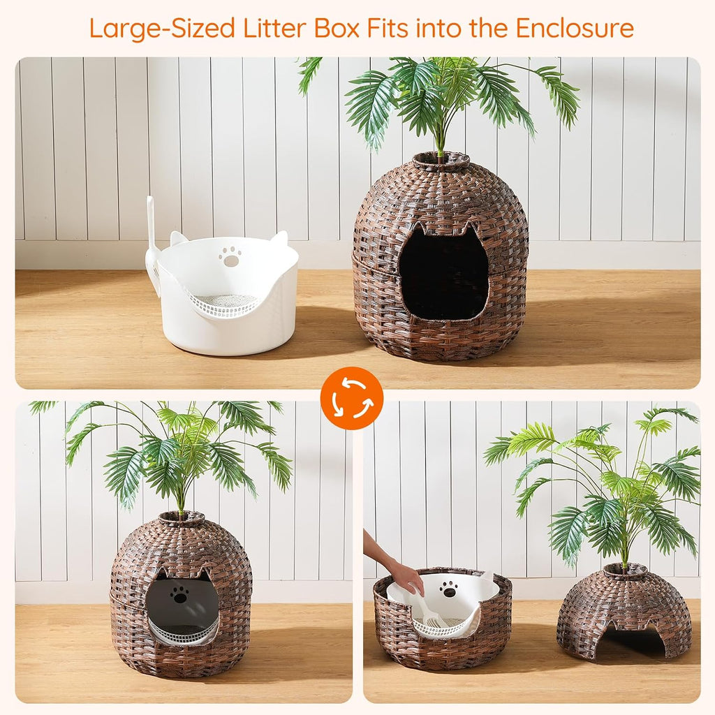 Rattan Plant Litter Box, Large Cat Litter Box Enclosure with Litter Box & Scoop, Odor Control Filter, Handwoven