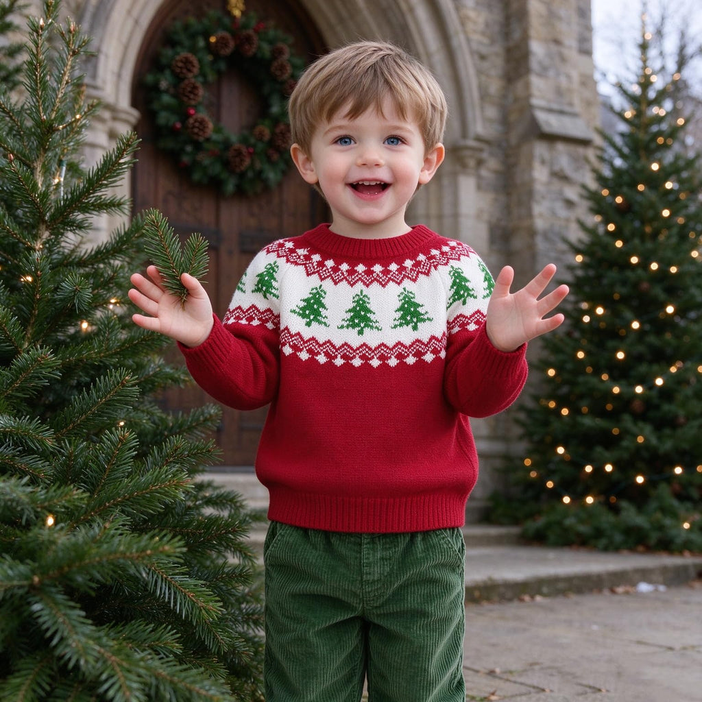 Toddler Baby Boy Girl Christmas Outfit Tree Print Oversized Long Sleeve Crewneck Knit Sweater Winter Holiday Clothes