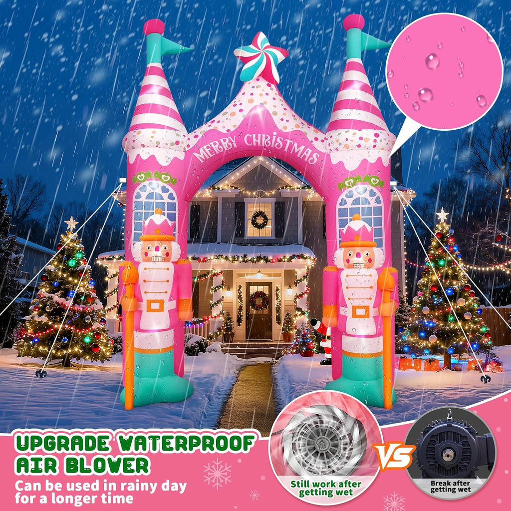 12 FT Giant Christmas Archway Inflatables Nutcracker with LED Lights, Pink Xmas Arch Inflatable Stereoscopic Blow up