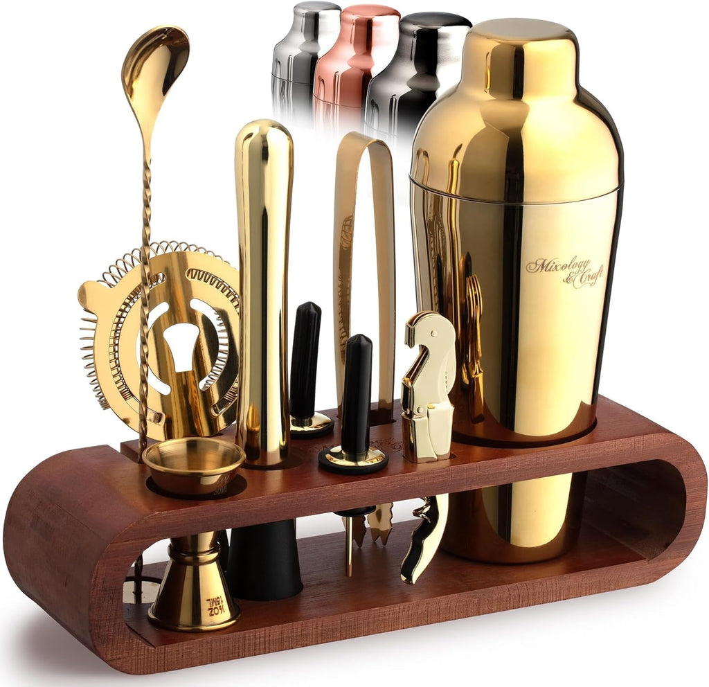 Cocktail Shaker Set with Dark Bamboo Stand - Professional 10-Piece Bartender Kit - Complete Bar Set & Cocktail Mixer