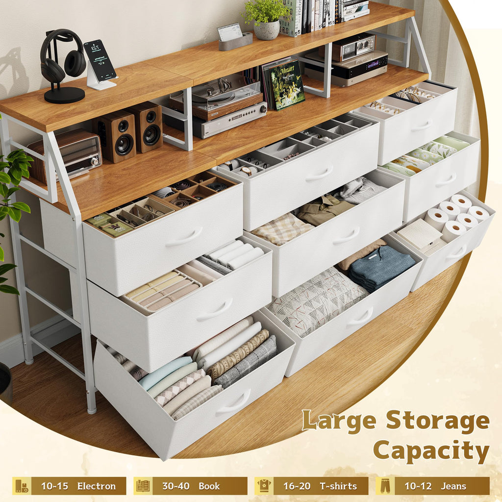 White with 9 Fabric Drawers & Display Top Shelf