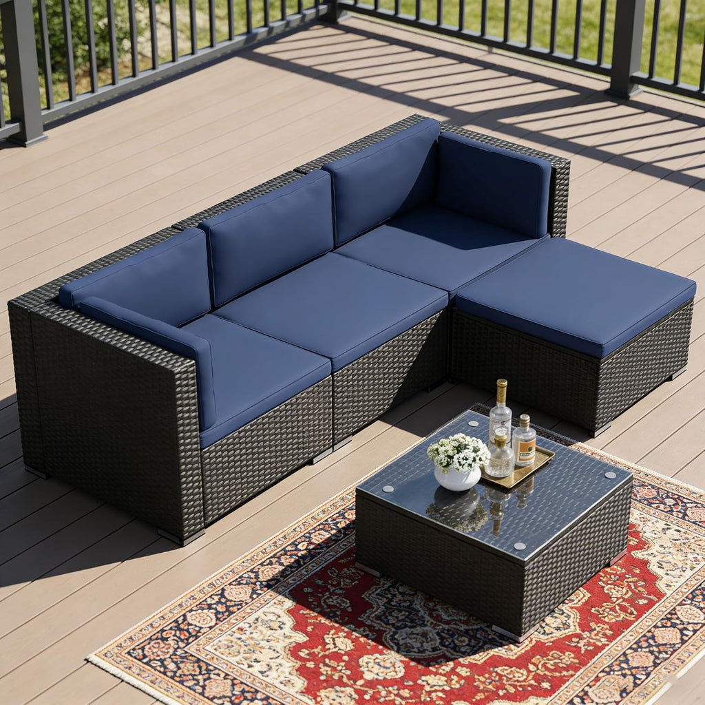 5-Piece Outdoor Patio Furniture Set, All-Weather PE Rattan Sectional Sofa with Ottoman, Glass Coffee Table &