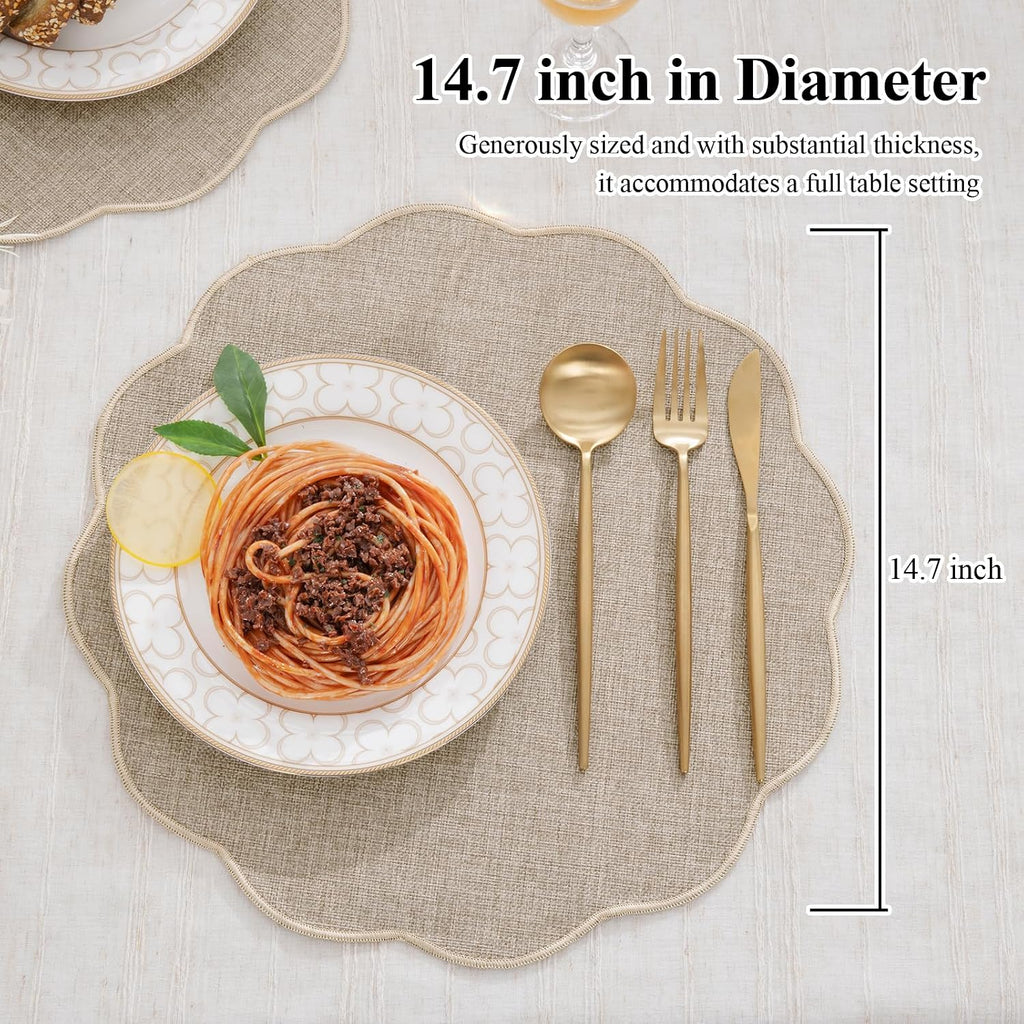 Scalloped Round Placemats Polyester Linen Blend 15 inch Washable Non Slip Place Mats Easy Clean Heat - Set of 6