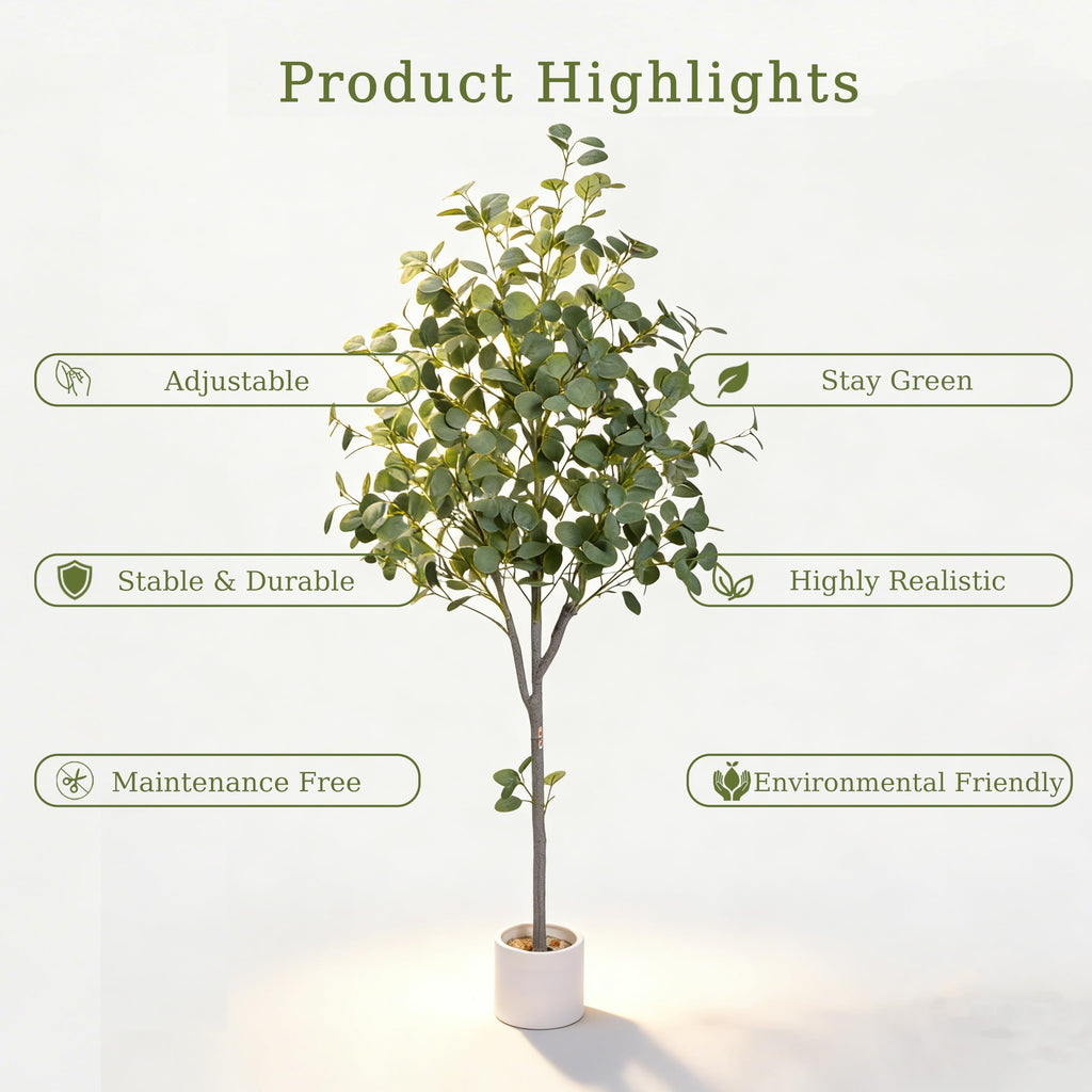 5FT Fake Eucalyptus Plant, Silk Artificial Tree with White Pot