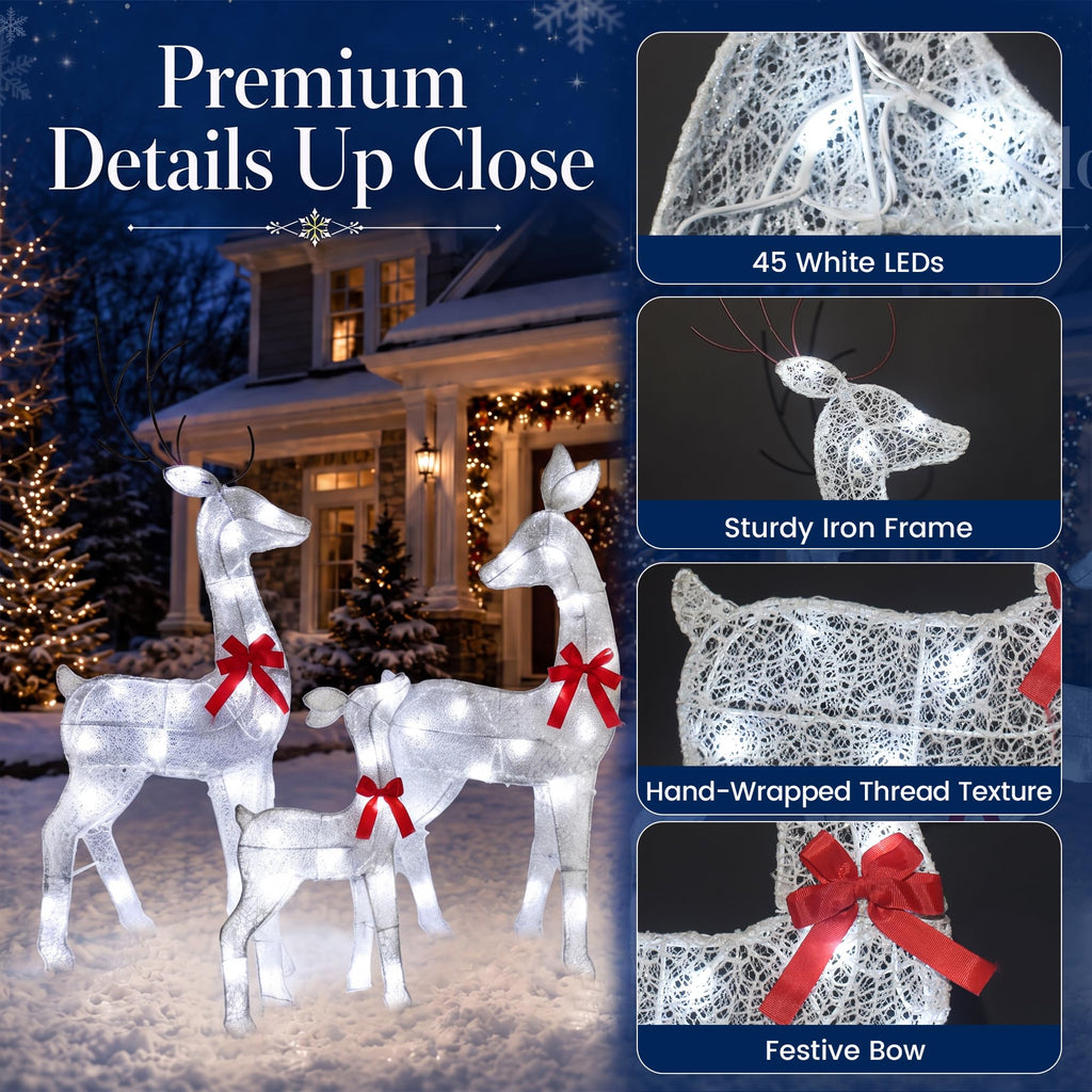 34IN 3-Piece 2.5D Lighted Christmas Deer Family Outdoor Decorations, White Pre-Lit Reindeer Set with 45 Lights