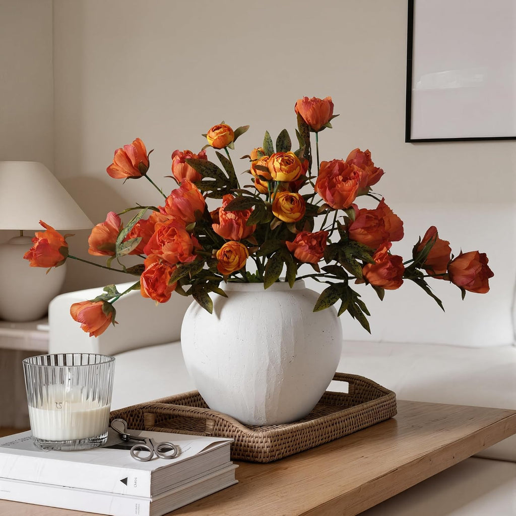 Artificial Peony Flowers, Faux Silk Peonies Stems with Distressed Leaves, Fade Resistant Floral Branches - Set of 8