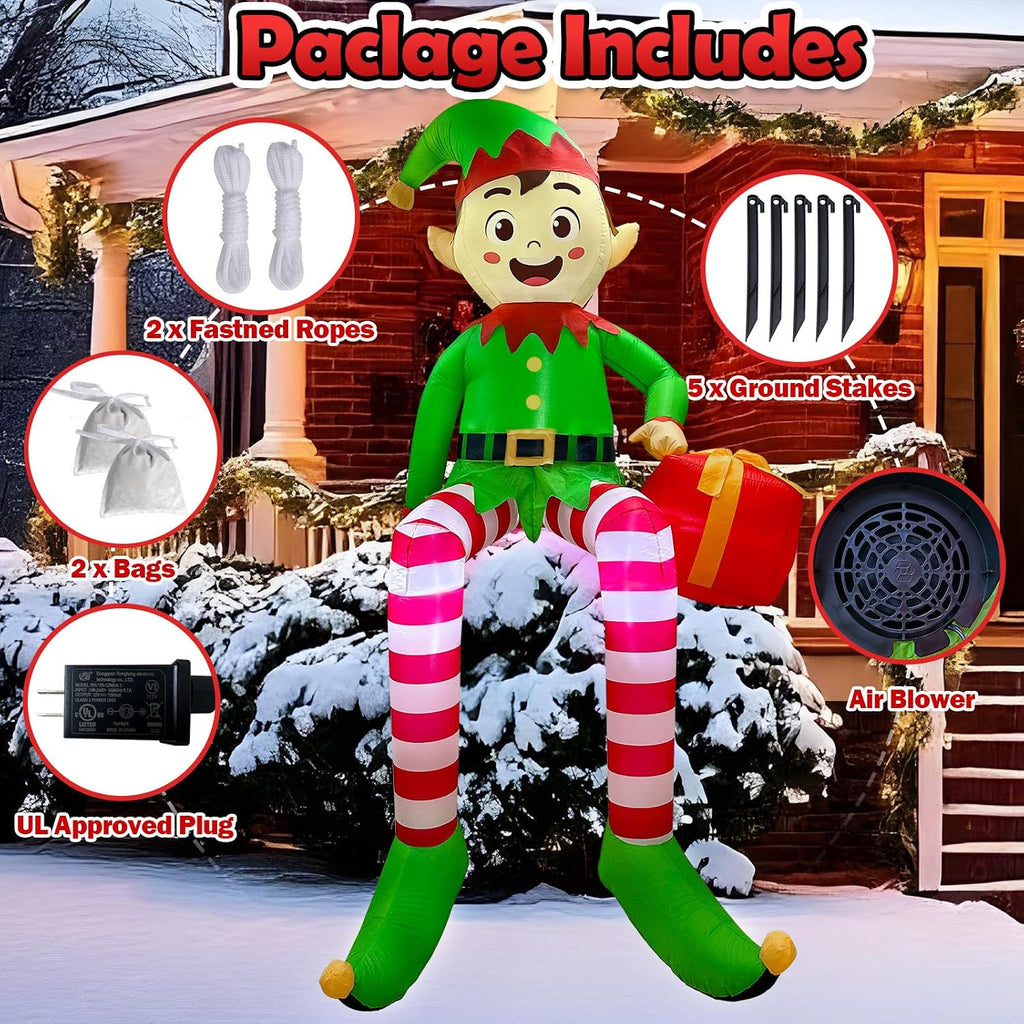 8 FT Christmas Inflatable Outdoor Decorations, Sitting Elf Holding Gift Bag Blow Up Christmas Decorations with