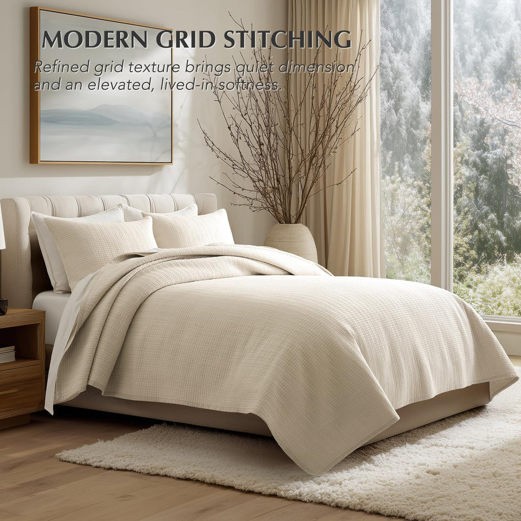 100% Cotton Modern Grid Stitch Quilt Set, Birch