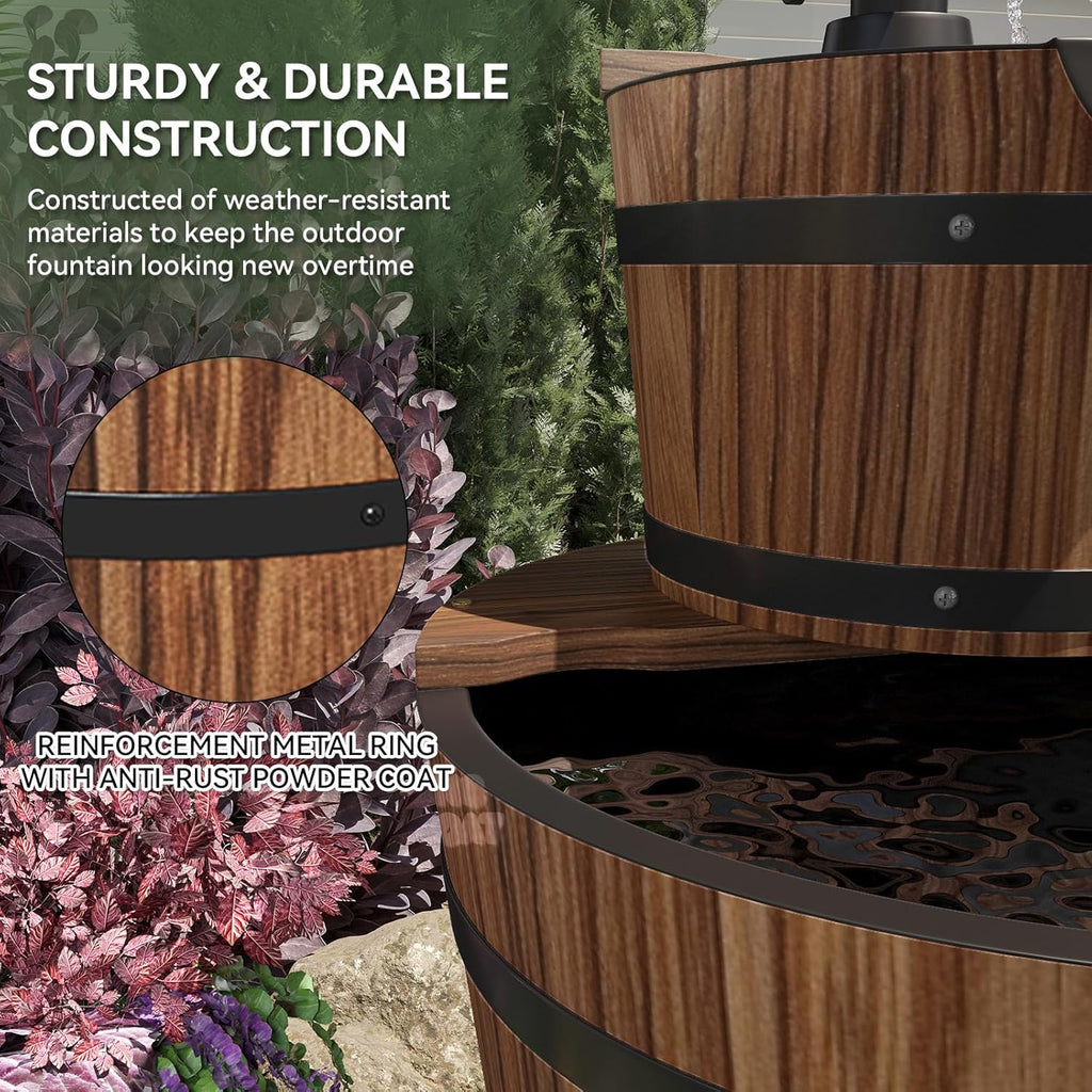 3-Tier Outdoor Water Fountain, Wood Barrel Cascading with Electric Decorative Hand Pump, Rustic Waterfall Fountain