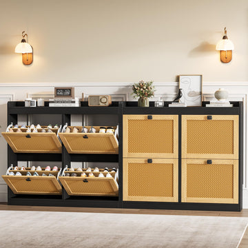 Shoe Storage Cabinet with 4 Deep Flip Drawers, Wood Shoe Cabinet with Rattan Doors and Adjustable Shelves