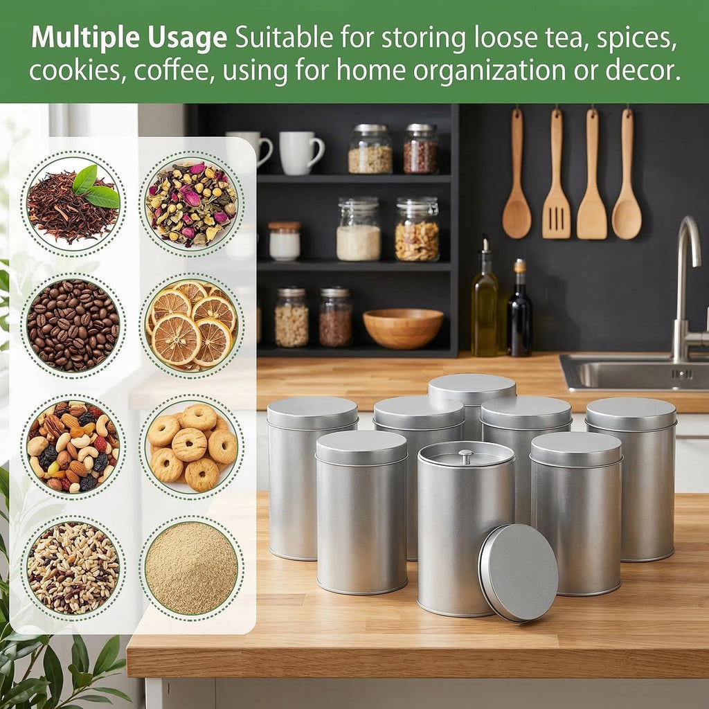 6 Pack Tea Tin Canister with Airtight Double Lids, 12 Fluid Oz Tin Can Box and Small Round Kitchen Canisters for