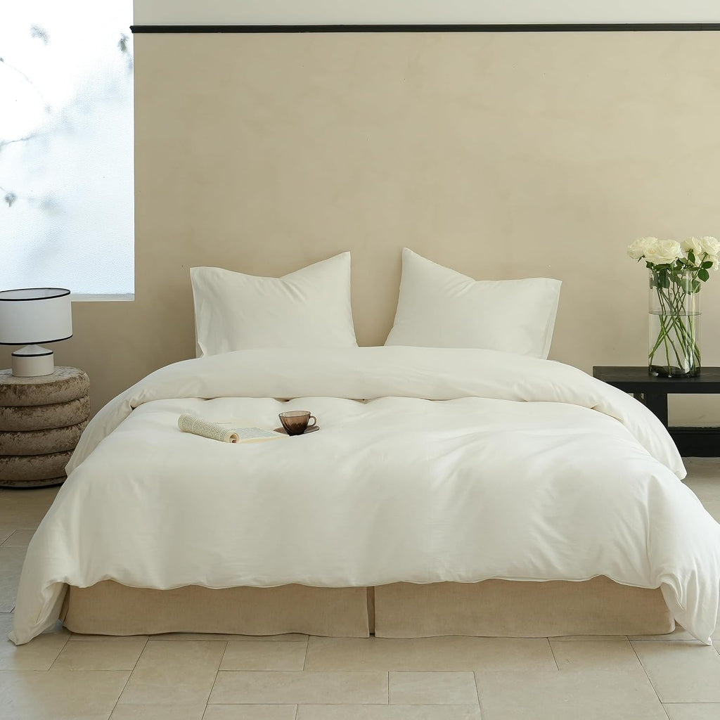 French Linen Bed Skirt with Classic 14 inch Drop Dust Ruffle, Tailored Draped Natural Flax Cotton Blend Basic Dust